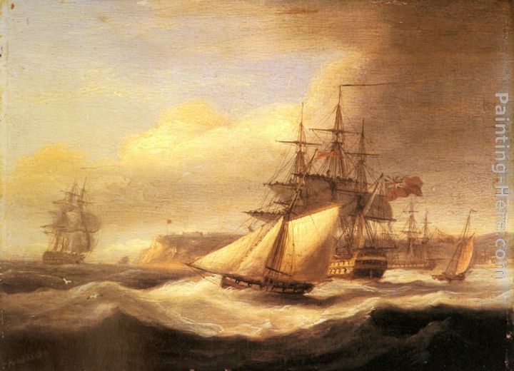 Thomas Luny Naval ships setting sail with a revenue cutter off Berry Head, Torbay